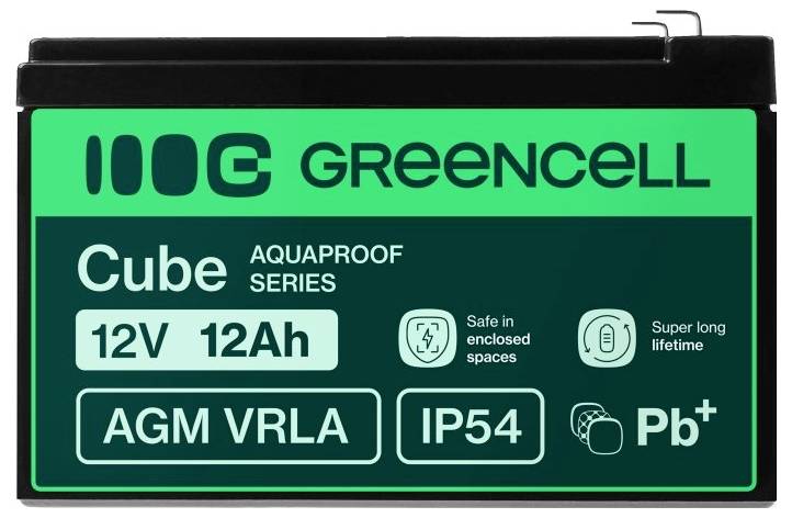 Batterie AGM VRLA GreenCell 12V 12Ah, indice de protection IP54, étiquetée « Série AquaProof » et « Sûre dans les espaces fermés » avec « Durée de vie exceptionnellement longue » et symbole Pb+.
