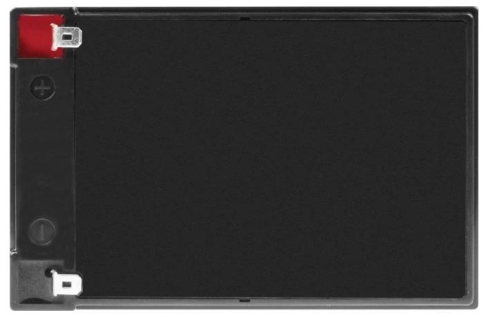 Batterie rectangulaire noire avec borne positive rouge et connecteurs métalliques sur le côté gauche.