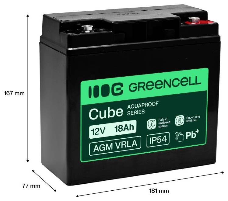 Batterie AGM VRLA Cube Black Greencell 12V 18Ah, présentée avec les dimensions 181 mm de largeur, 167 mm de hauteur, 77 mm de profondeur.
