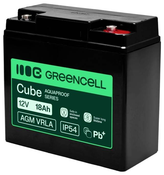 Batterie AGM VRLA Cube Black Greencell 12V 18Ah avec étiquette verte, présentée en vue trois-quarts sur fond blanc.