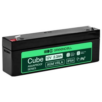 Cube de cellule Black Green 12V 2,3Ah AGM VRLA batterie au plomb scellée avec étiquette verte et capuchon de terminal rouge.