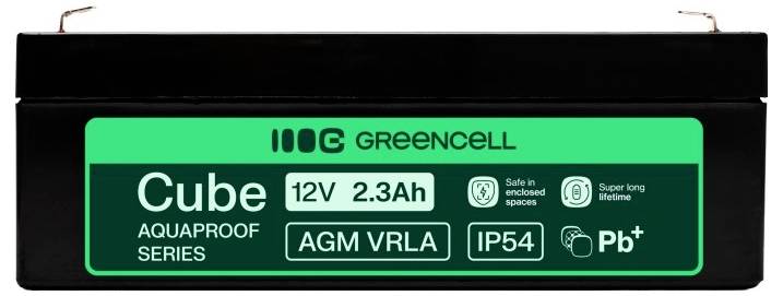 Batterie rechargeable Black Greencell Cube étiquetée « 12V 2,3Ah », « AGM VRLA », « IP54 » et « Pb » de la série Aquaproof.