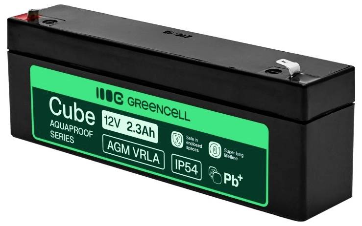 Batterie rechargeable AGM VRLA Black Greencell Cube 12V 2.3Ah avec étiquette verte et cosses de connexion