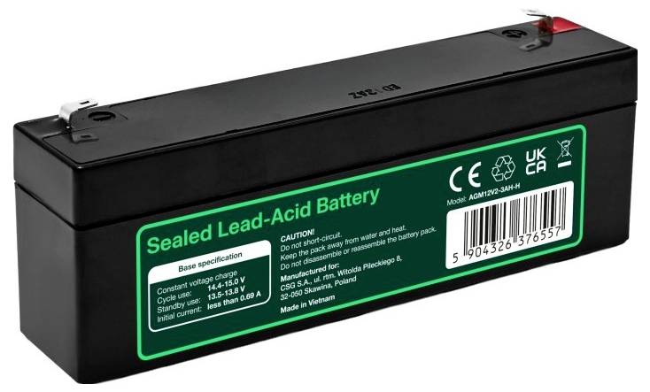 Batterie au plomb scellée noire avec spécifications étiquetées en vert et bornes sur le dessus.