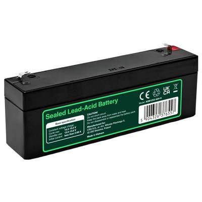 Batterie au plomb scellée noire avec spécifications étiquetées en vert et bornes sur le dessus.