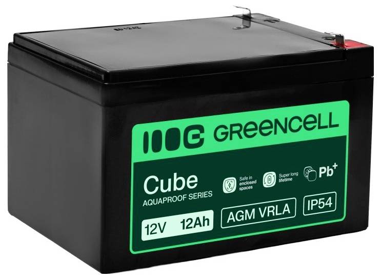 Batterie rechargeable AGM VRLA Greencell 12V 12Ah noire avec étiquette verte sur le devant et bornes supérieures.