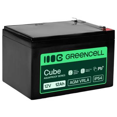 Batterie rechargeable AGM VRLA Greencell 12V 12Ah noire avec étiquette verte sur le devant et bornes supérieures.