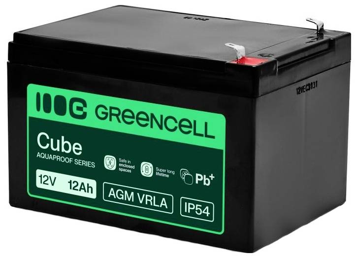 Batterie AGM VRLA 12V 12Ah Black Greencell Cube avec étiquette verte et bornes de connexion sur le dessus.