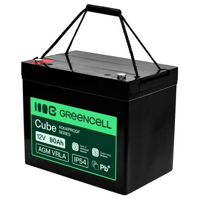 Batterie rechargeable noire avec poignée de transport, série Green Cell Cube 12V 80Ah AGM VRLA, IP54 et Pb+.