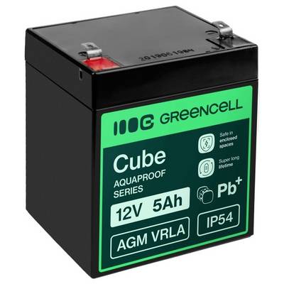 Batterie AGM VRLA GreenCell Cube noire étiquetée 12V 5Ah et IP54, présentée en vue trois-quarts.