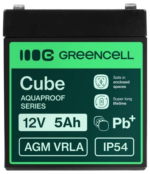 Batterie AGM VRLA Greencell Cube 12V 5Ah avec Pb+ et indice IP54, étiquetée Série Aquaproof pour espaces fermés et durée de vie prolongée.