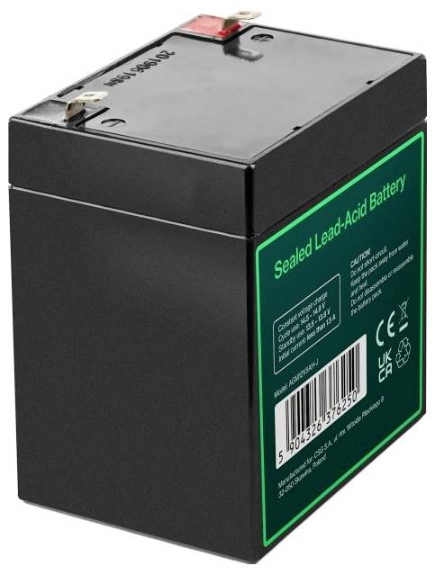 Batterie au plomb étanche scellée avec bornes et un côté étiqueté en vert affichant les détails du produit et le code-barres.