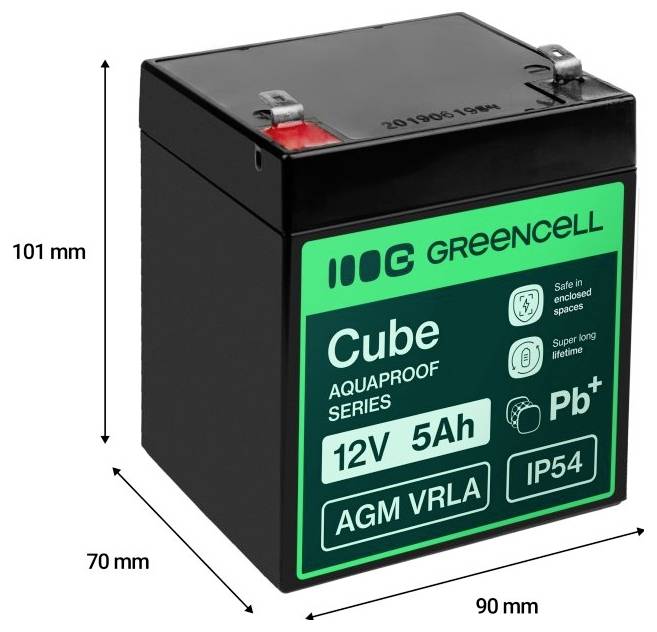 Image produit d'une batterie Green Cell Cube AGM VRLA noire étiquetée 12V 5Ah, présentée avec les dimensions 101 mm de hauteur, 70 mm de profondeur et 90 mm de largeur.