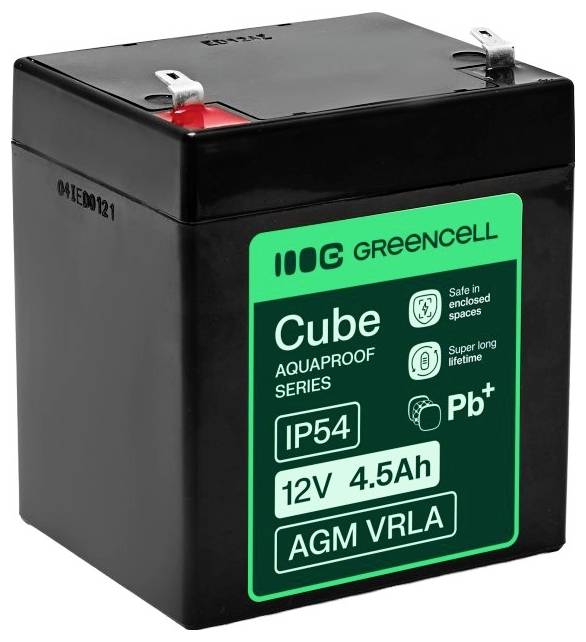 Une batterie AGM VRLA Greencell Cube 12V 4.5Ah noire avec une étiquette verte sur le devant et des bornes métalliques à languettes sur le dessus.
