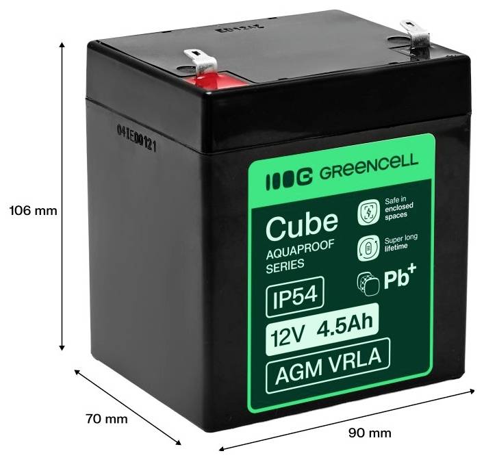 Batterie AGM VRLA Black Greencell Cube étiquetée 12V 4,5Ah, présentée avec les dimensions 106 mm de hauteur, 90 mm de largeur et 70 mm de profondeur.