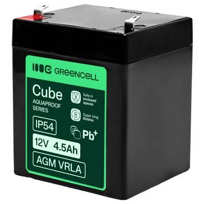 Batterie Black Greencell Cube AGM VRLA avec étiquette verte, marquée IP54, 12V 4,5Ah, et « Sûre dans les espaces clos »
