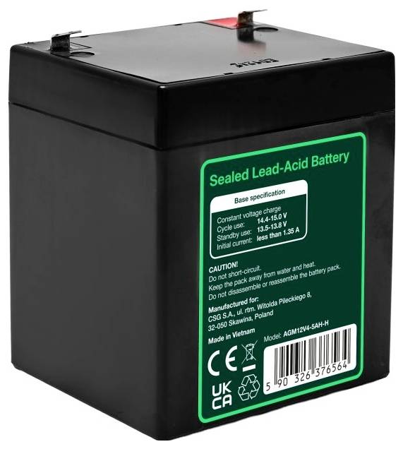 Batterie au plomb scellée noire avec étiquette verte et code-barres, présentée dans une image de style produit sur fond blanc.