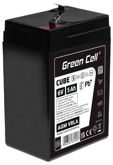 Batterie d'accumulateurs scellée au plomb-acide AGM VRLA Black Green Cell 6V 5Ah avec bornes supérieures et étiquette de produit.