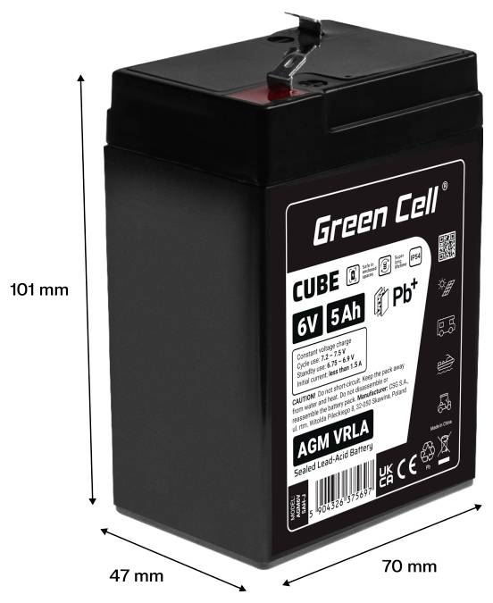Batterie au plomb scellée AGM VRLA Black Green Cell Cube 6V 5Ah avec dimensions marquées 101 mm de hauteur, 70 mm de largeur et 47 mm de profondeur.