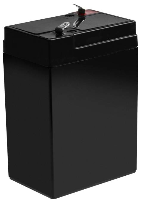 Batterie rectangulaire noire rechargeable avec bornes supérieures et poignée de transport, isolée sur fond blanc.