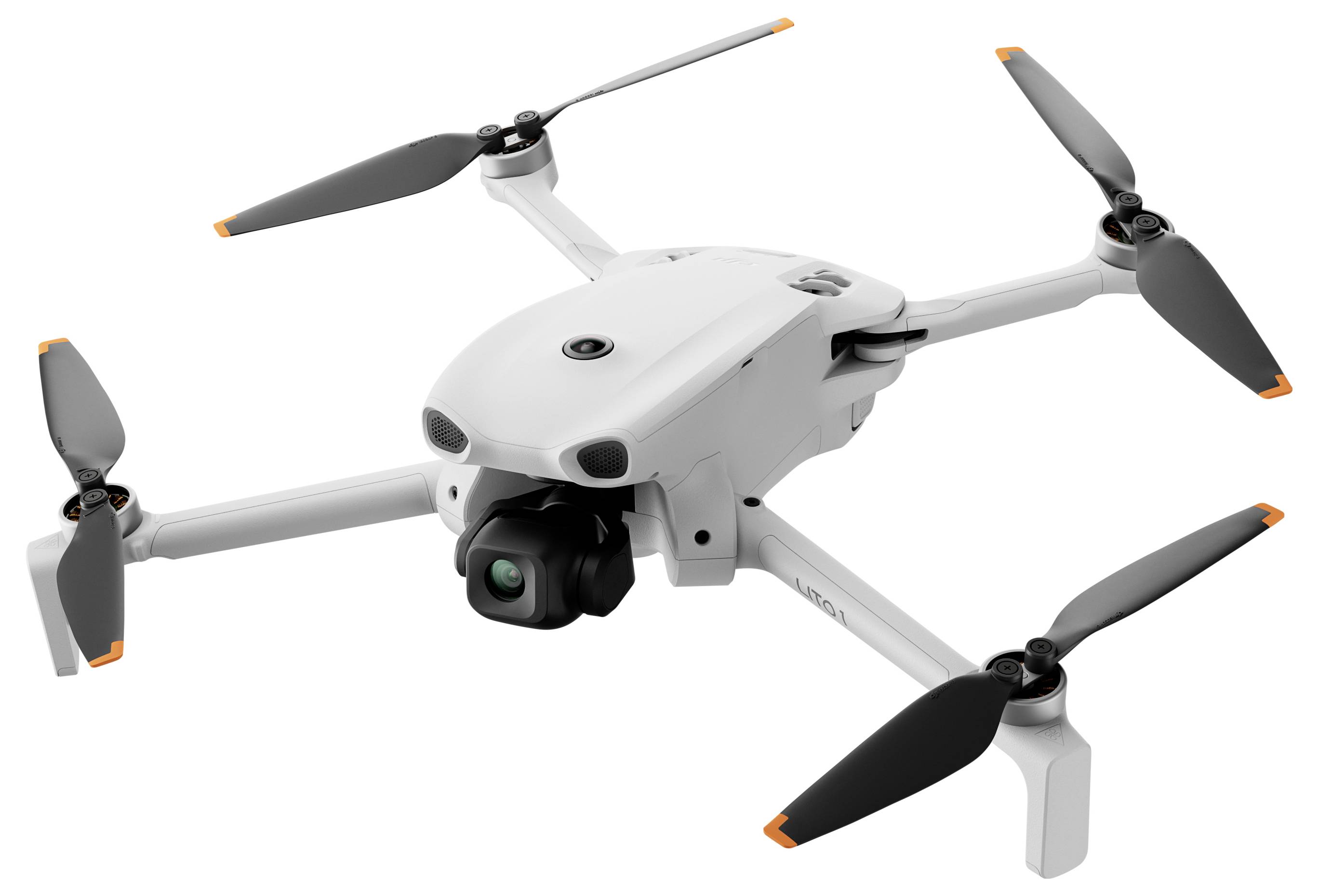 Drone blanc à quatre hélices avec caméra montée sur un fond neutre