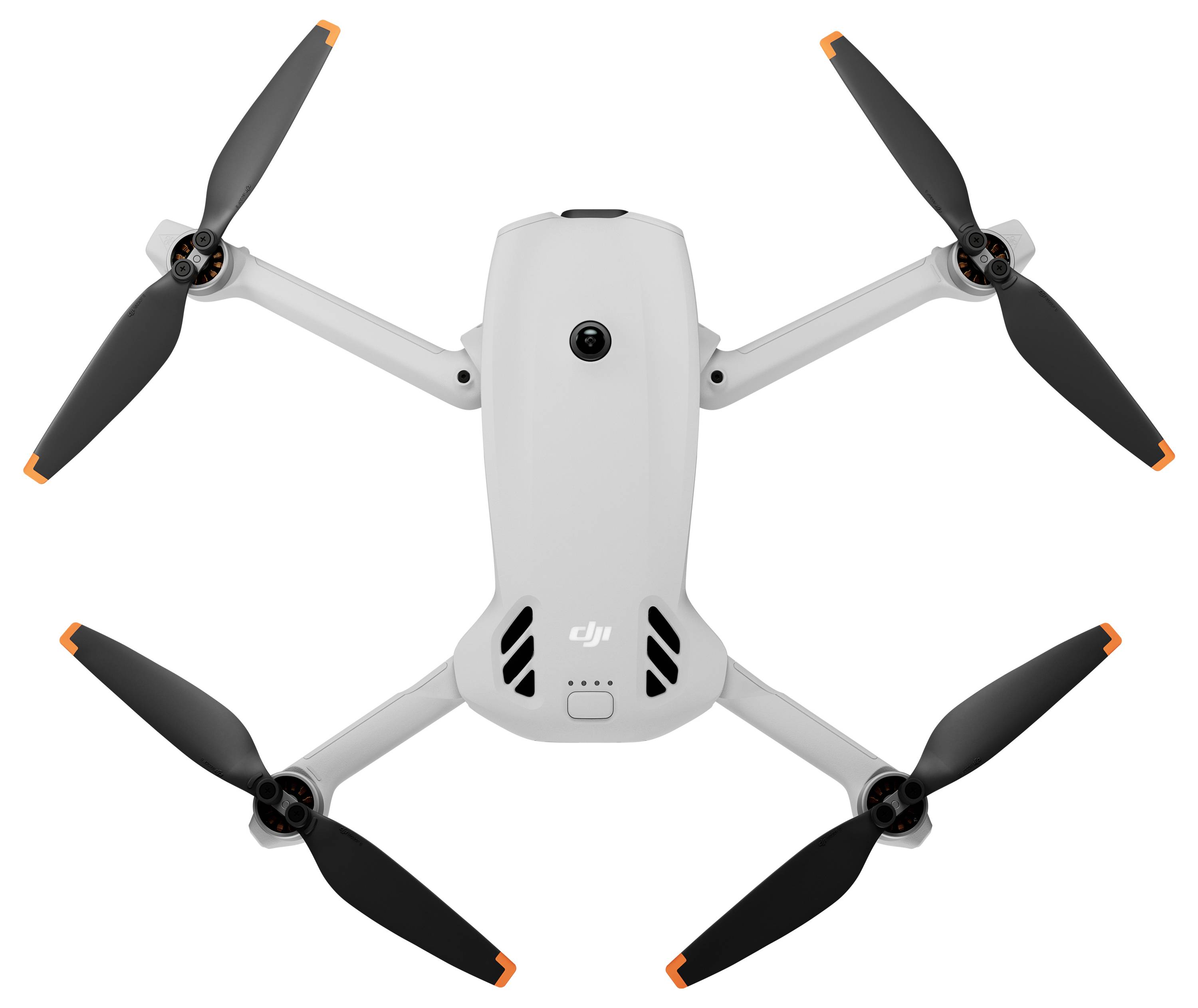 Drone quadcoptère DJI blanc avec quatre hélices noires vu de dessus sur un fond blanc uni.