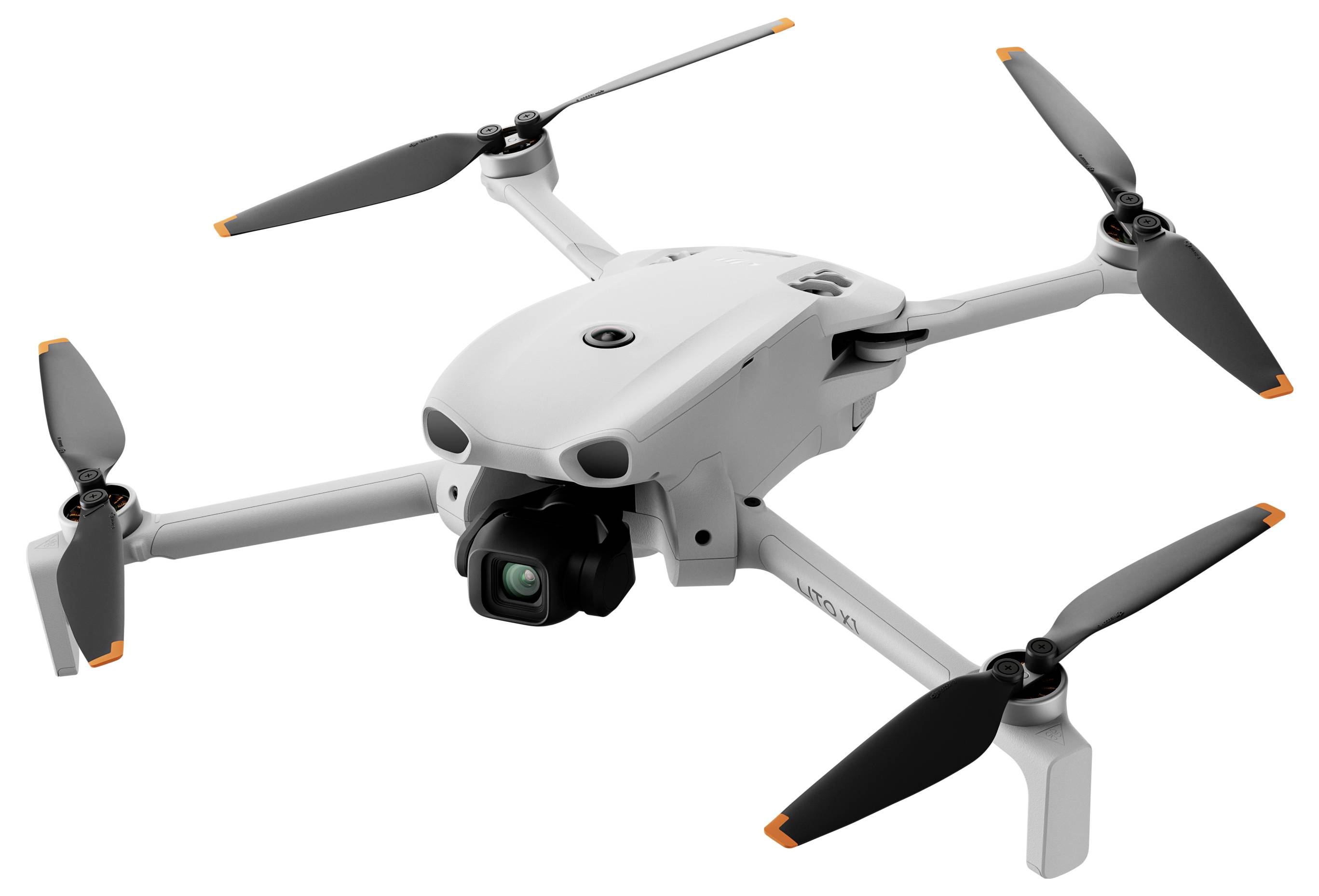 Drone quadcoptère blanc avec quatre hélices et une caméra montée à l'avant, présenté isolé sur un fond neutre.