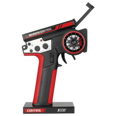 Pistolet télécommandé de style pistolet avec un volant de direction, étiqueté « TÉLÉCOMMANDE » et « CONTRÔLE V8 », montré sur un support.