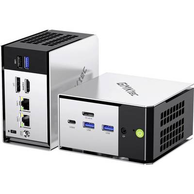 Deux mini PC compacts GMKtec présentés de face et de dos, mettant en évidence les ports notamment USB, USB-C, Ethernet, audio et le bouton d'alimentation.