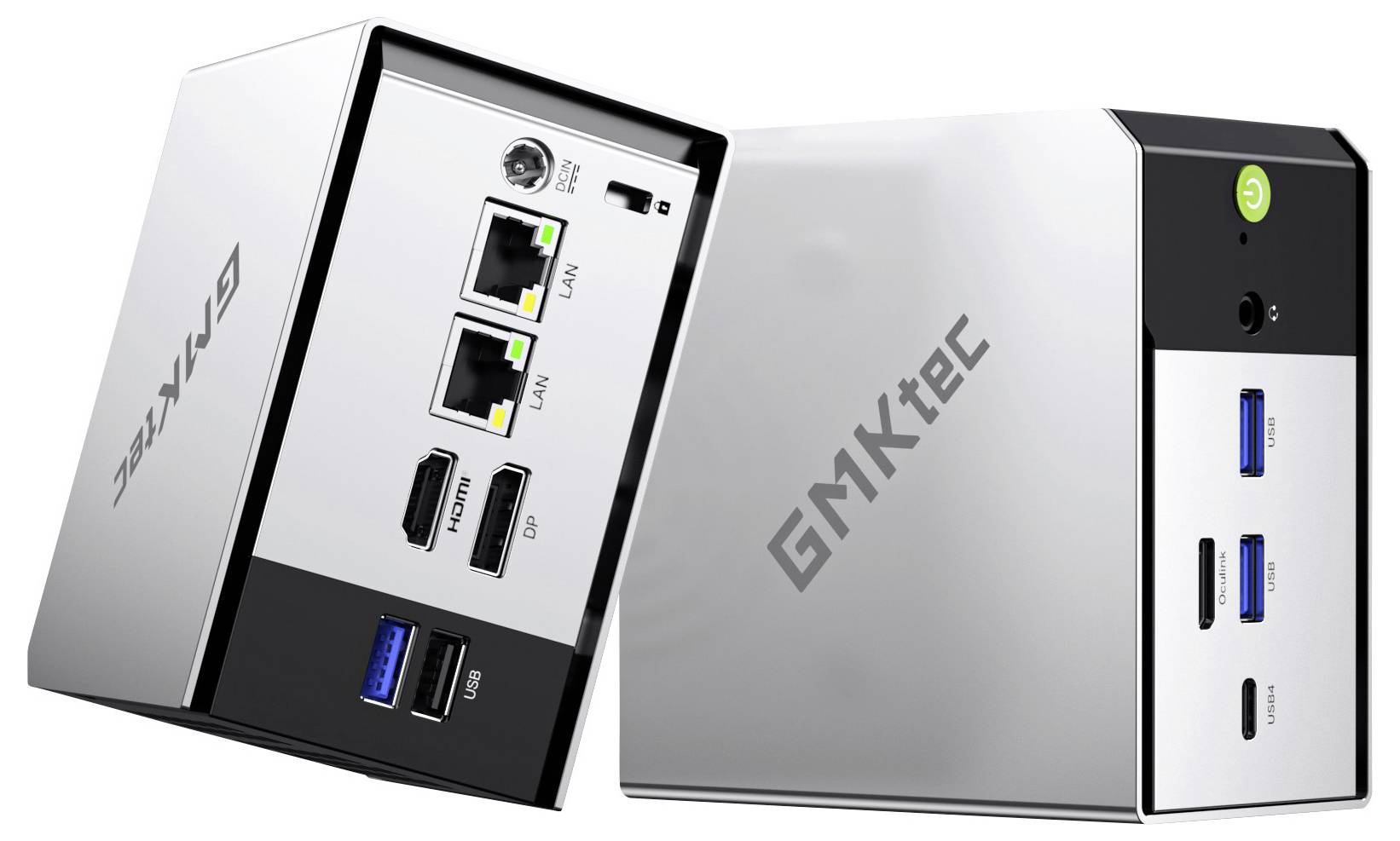 PC Mini Compact GEEKTEC montrant les ports avant et arrière, y compris Ethernet, HDMI, USB-A, USB-C et le bouton d'alimentation.