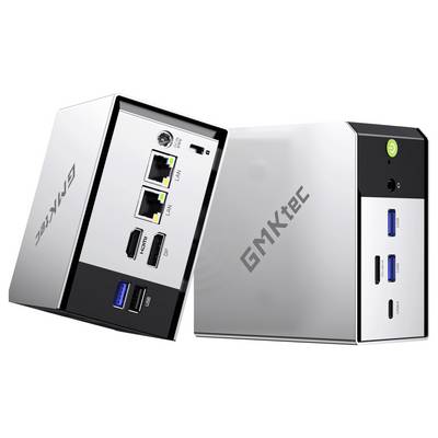 PC Mini Compact GEEKTEC montrant les ports avant et arrière, y compris Ethernet, HDMI, USB-A, USB-C et le bouton d'alimentation.