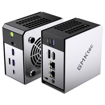 Deux mini PC compacts argent et noir affichés côte à côte, avec ports USB et HDMI avant et grilles de ventilation visibles du ventilateur de refroidissement.