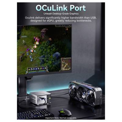 Graphique promotionnel pour le port OCuLink : une carte graphique de PC de bureau connectée à un petit adaptateur à côté d'un moniteur, mettant en évidence une bande passante plus élevée que l'USB pour l'utilisation eGPU et « Non échangeable à chaud ».
