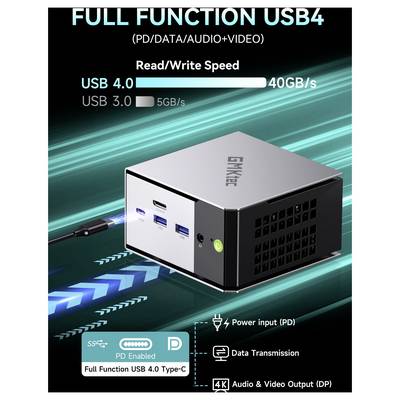 Graphique promotionnel d'un mini PC GMKtec montrant un support USB4 Type-C entièrement fonctionnel pour PD, données, audio et vidéo, avec une vitesse de lecture/écriture USB 4.0 de 40 Gb/s et USB 3.0 de 5 Gb/s.