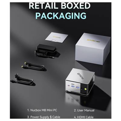 Emballage en boîte de vente au détail pour un mini PC Nucbox M8, montrant le mini PC, le manuel utilisateur, l'alimentation électrique et le câble HDMI dans une présentation.