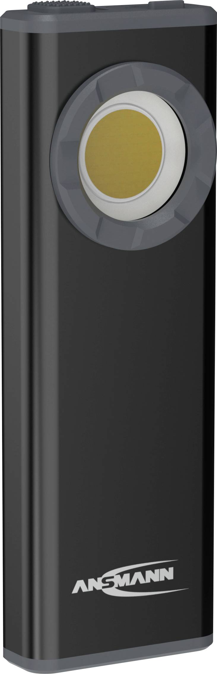 Batterie portative noire ANSMANN avec un indicateur/bouton jaune circulaire sur le devant.
