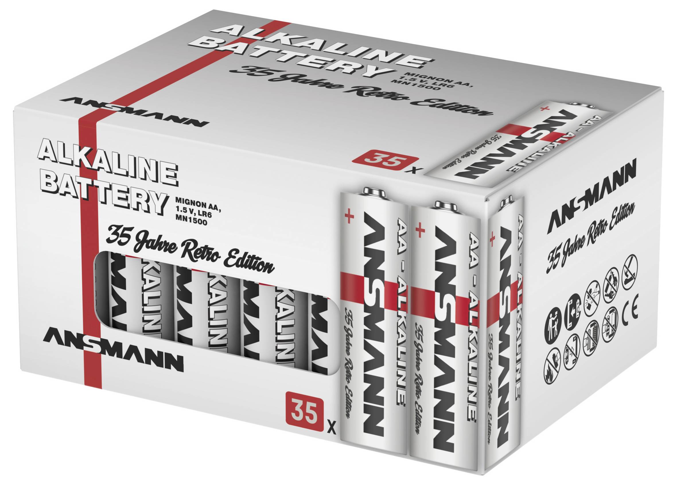 Boîte de piles alcalines ANSMANN, pack de 35, « Édition Rétro Années », avec plusieurs piles AA visibles sur l'avant.