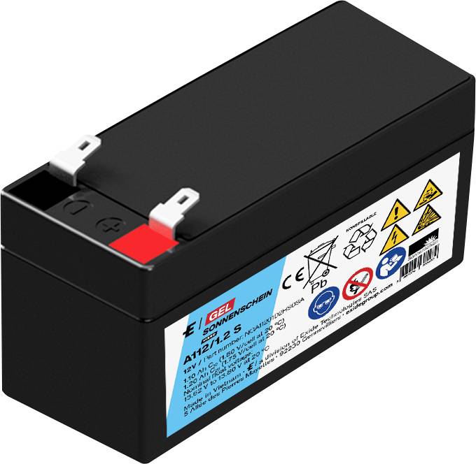 Batterie gel rechargeable noire avec deux bornes et une étiquette latérale affichant les symboles de sécurité et les spécifications.