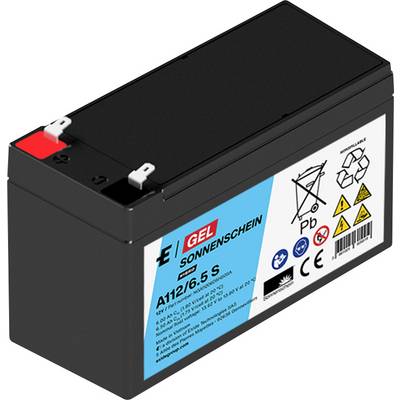 Batterie au plomb scellée noire avec bornes rouges et blanches et une étiquette portant l'inscription « GEL SONNENSCHEIN A112/6.5 S ».