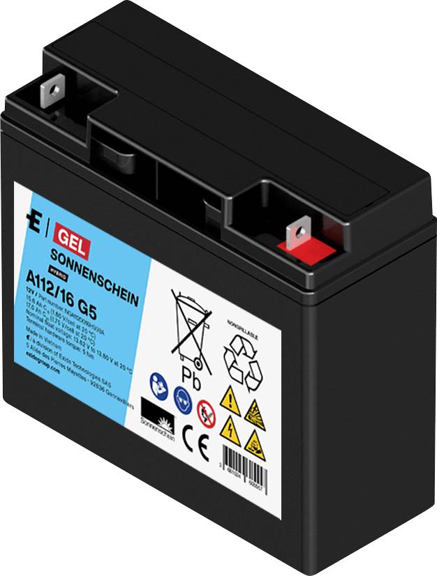 Batterie au plomb scellée noire avec bornes supérieures et étiquette indiquant « GEL SONNENSCHEIN A112/16 G5 ».