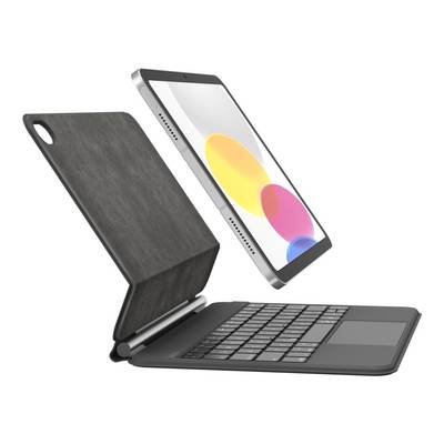 Tablette flottant au-dessus d'un étui de clavier noir avec une housse pliable, présentée en position de support ouvert sur fond blanc.