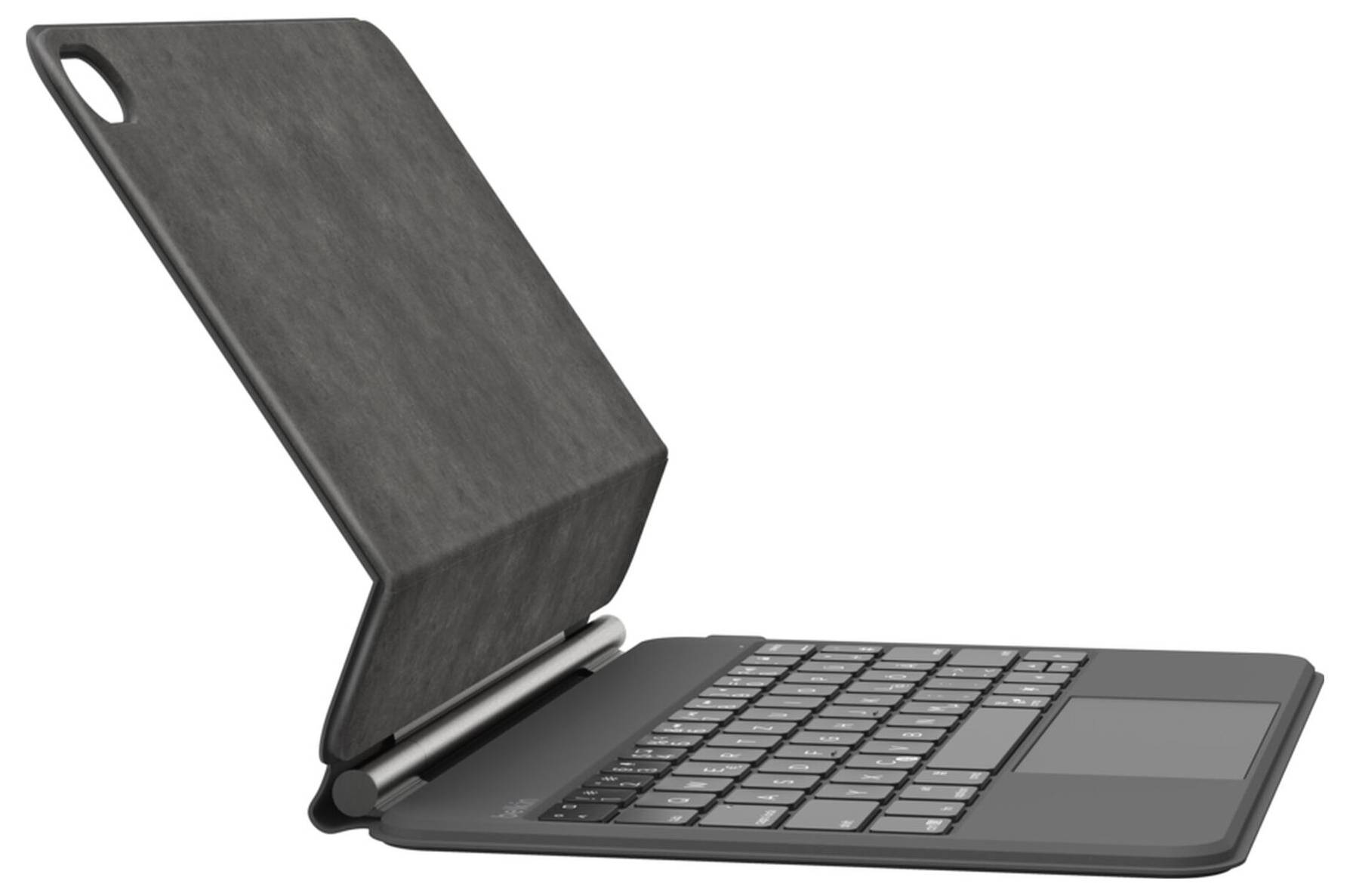 Un ordinateur portable noir dans une housse pliante montré ouvert à un angle, avec le clavier visible et le couvercle agissant comme un support.