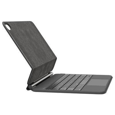 Un ordinateur portable noir dans une housse pliante montré ouvert à un angle, avec le clavier visible et le couvercle agissant comme un support.