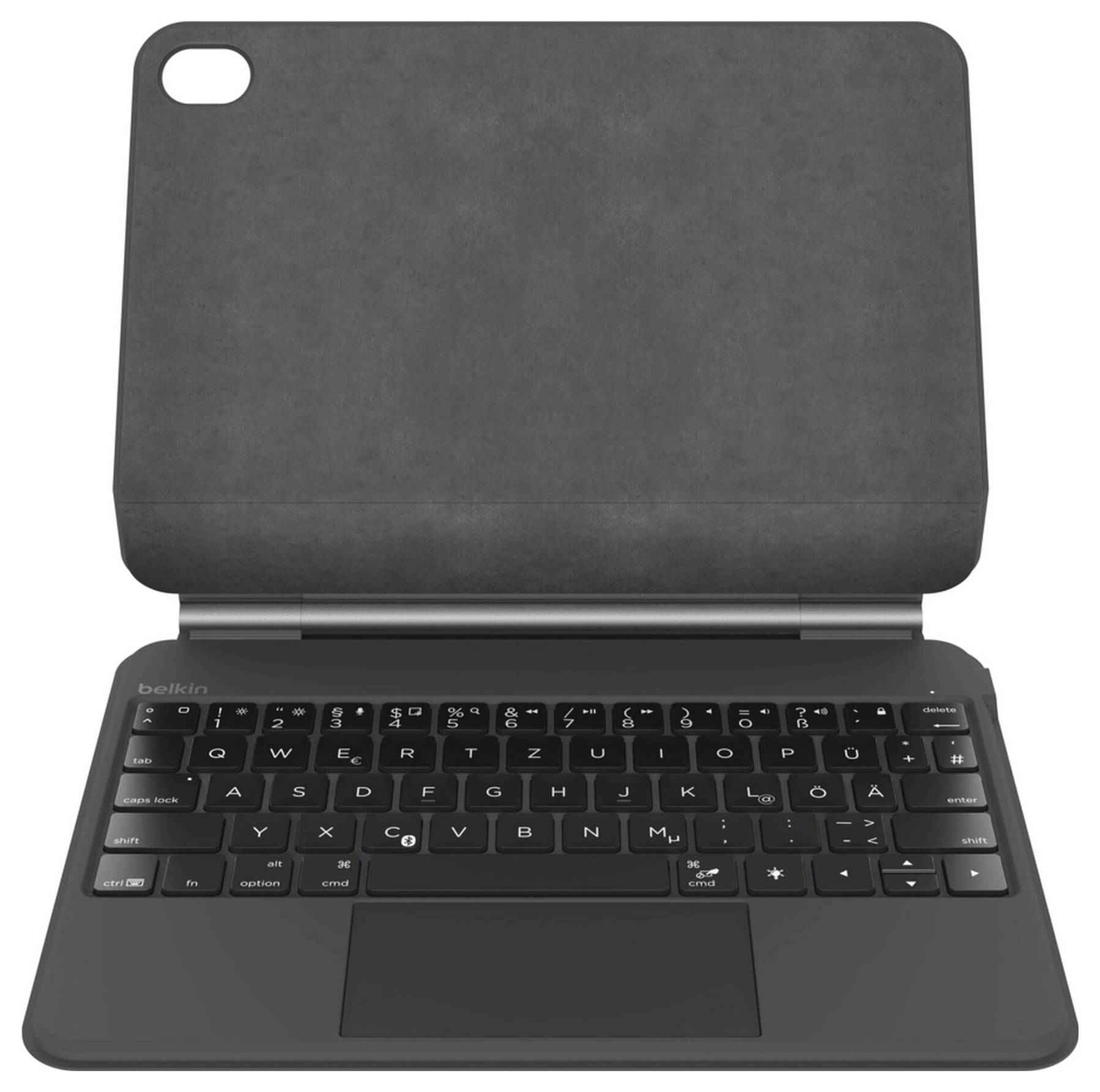 Étui de clavier pour tablette noire avec trackpad intégré et couvercle arrière, présenté ouvert sur fond blanc.