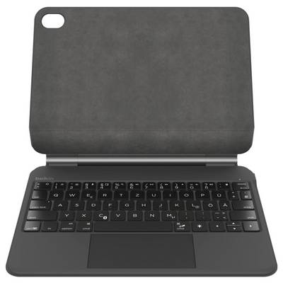 Étui de clavier pour tablette noire avec trackpad intégré et couvercle arrière, présenté ouvert sur fond blanc.