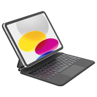Tablette avec étui clavier attaché présentée sous un angle, affichant des cercles abstraits colorés sur l'écran.