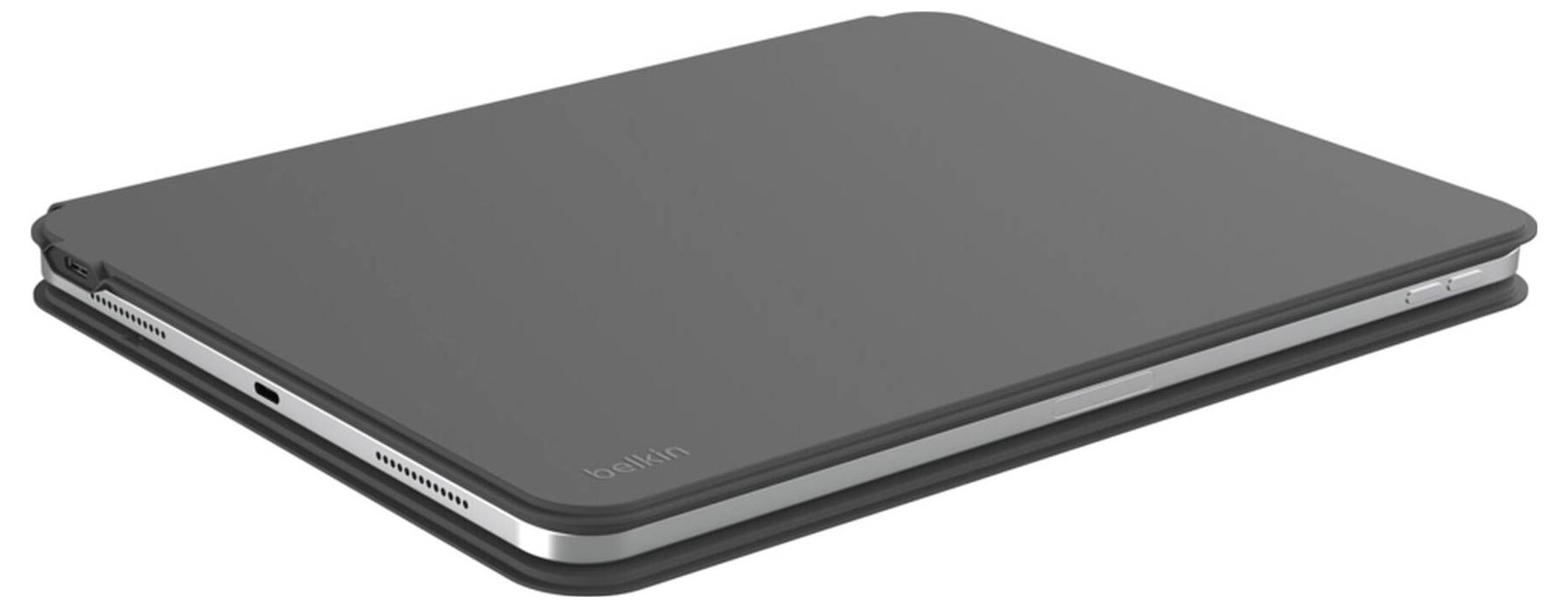 Ordinateur portable gris fermé présenté sous un angle, mettant en évidence son profil fin et ses bords en métal.