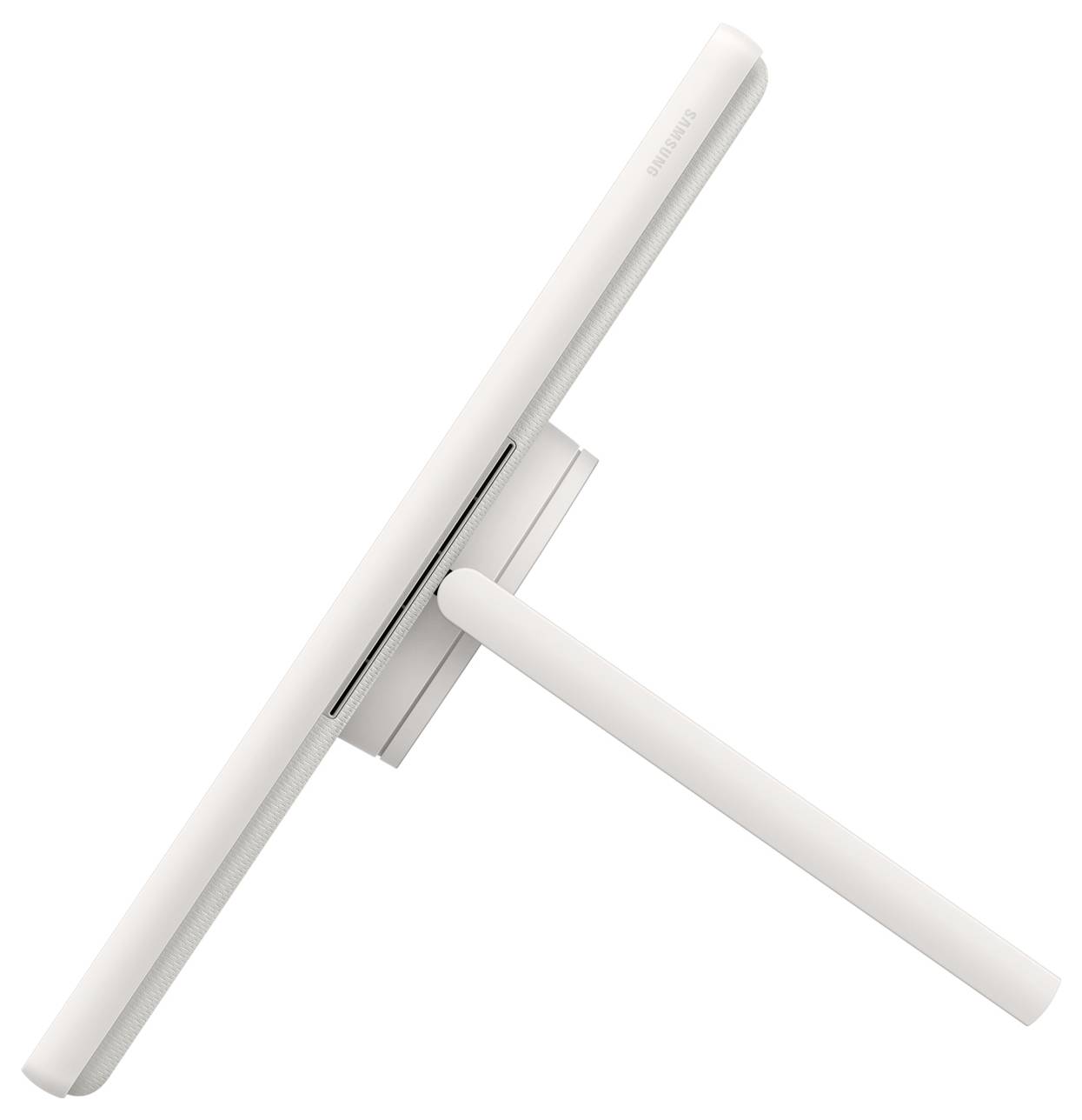Écran blanc à écran plat montré sous un angle sur un support sur un fond blanc uni.