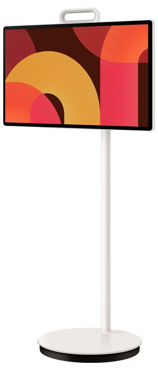Un écran numérique autonome sur un socle blanc montrant un motif géométrique abstrait rouge, orange et jaune.