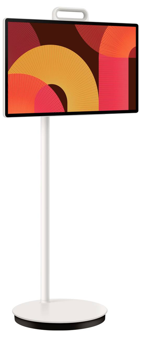 Panneau d'affichage numérique autonome avec un graphique abstrait coloré rouge, orange et rose sur un socle blanc.